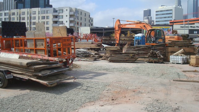 Material and equipment stored on the site at First and Central 