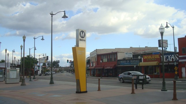 A view of First Street, bordering the plaza.