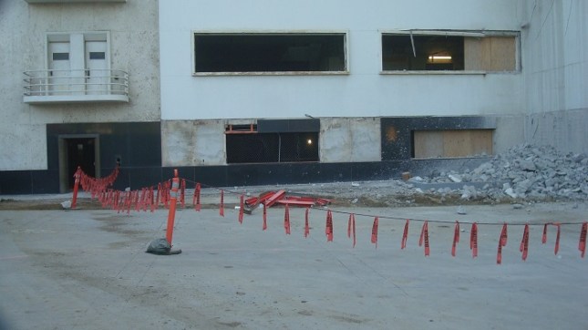 The rear of the building.