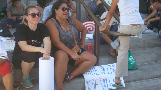 Another shot of protesters on City Hall steps.